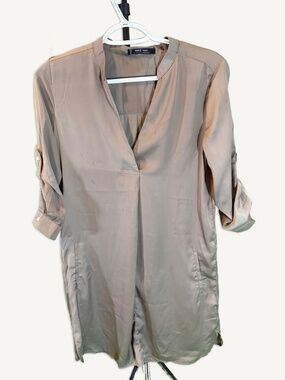 Mango Shirt Dress Beige Lightweight Roll Sleeve XS